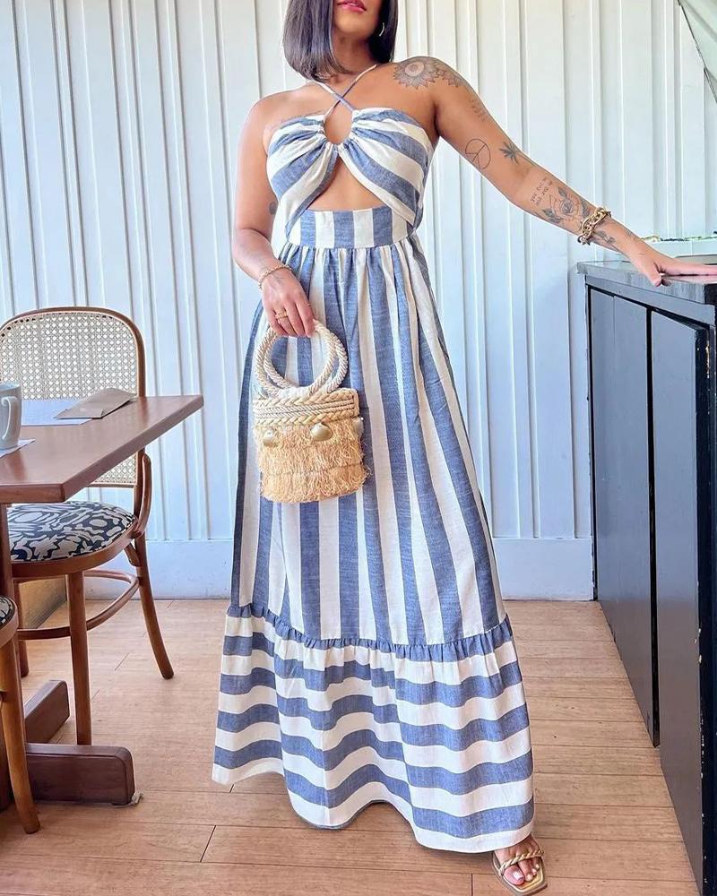

Striped Print Crisscross Halter Cutout Maxi Dress, Blue