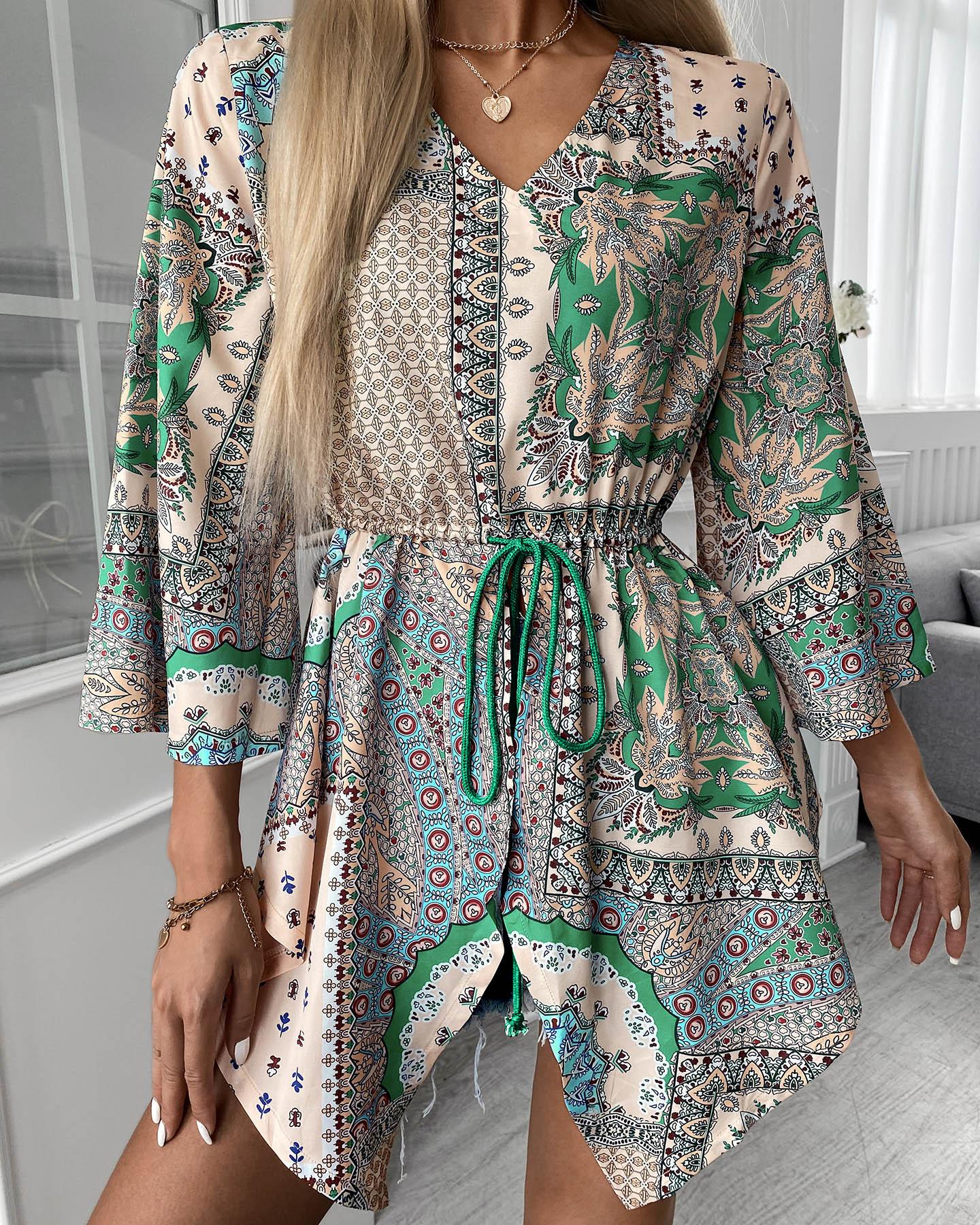

Graphic Print Drawstring Bell Sleeve Asymmetrical Top, Green