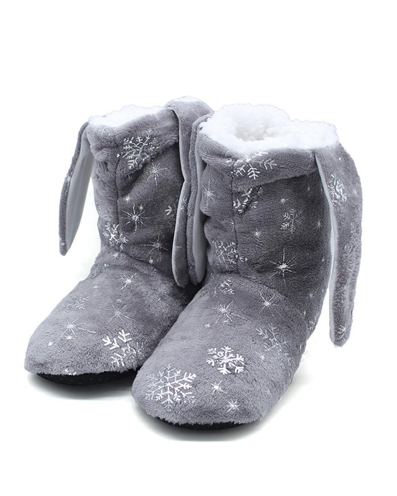 

Christmas Snowflake Print Ear Design Indoor Boots, Gray