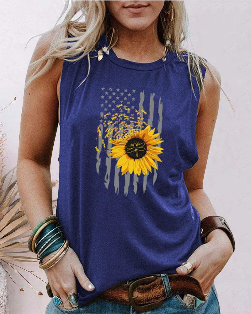 

Independence Day Sunflower Flag Print Tank Top, Blue