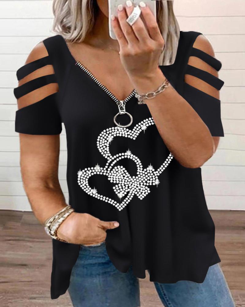 

Plus Size Rhinestone Double Heart Bowknot Pattern Zipper Design T-Shirt, Black