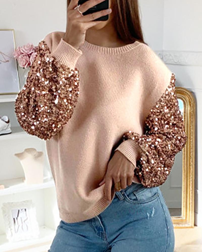 

Sequins Lantern Sleeve O Neck Sweater, Khaki