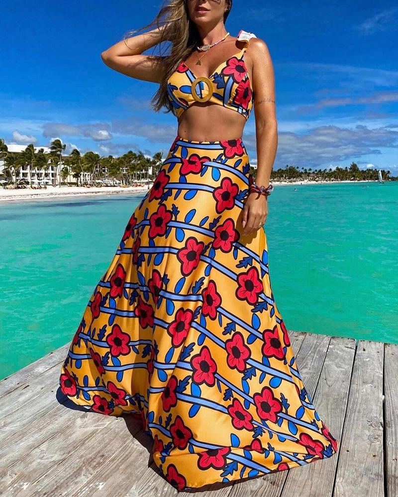 

Floral Print Sleeveless Cropped Tanks With Maxi A-line Long Skirts Suit Sets, Yellow