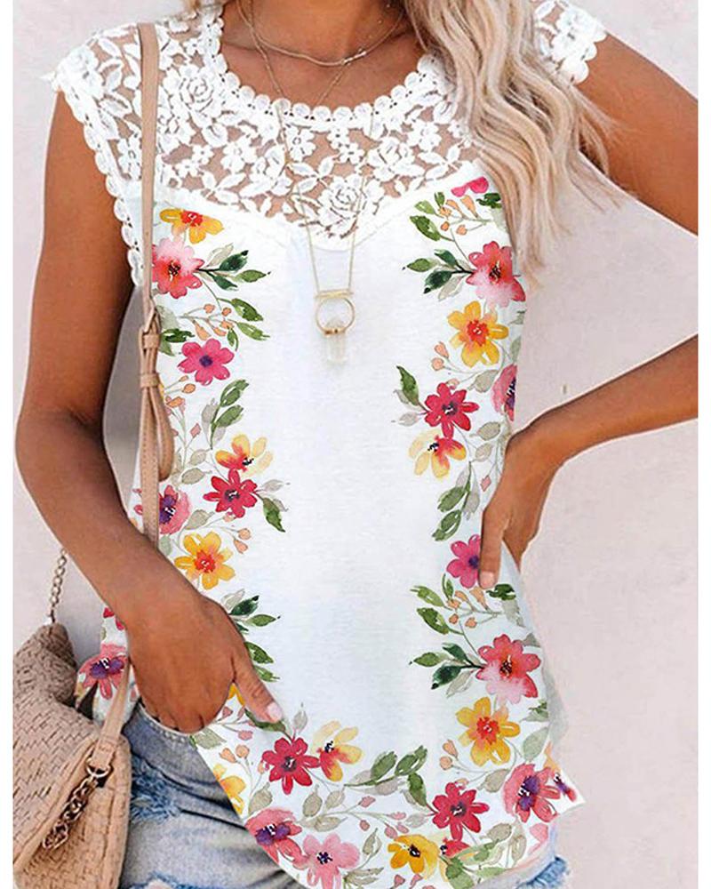 

Floral Print Contrast Lace Tank Top, White