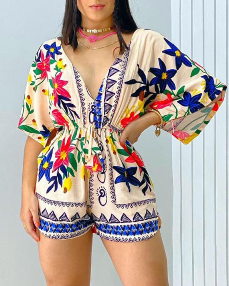 

Floral Print V-Neck Drawstring Romper, Multicolor