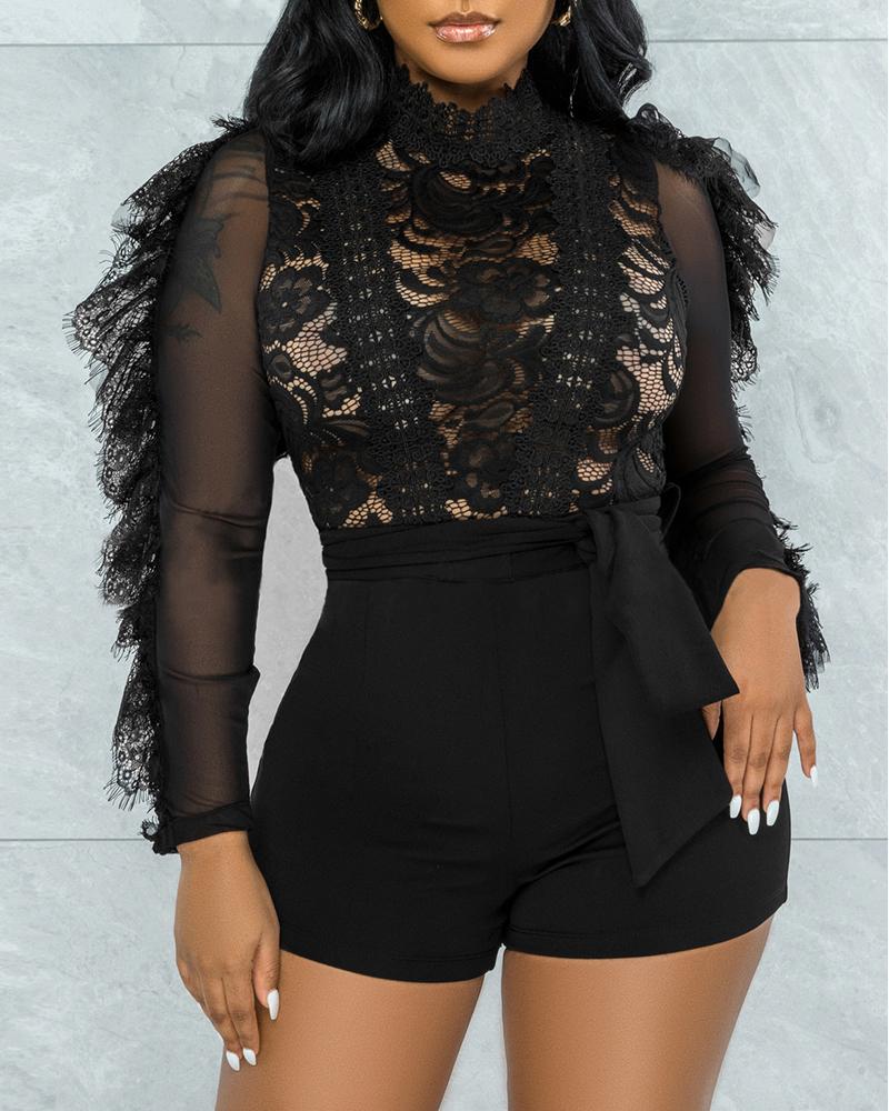 

Eyelash Crochet Lace Long Sleeve Sheer Mesh Bodysuit, Black
