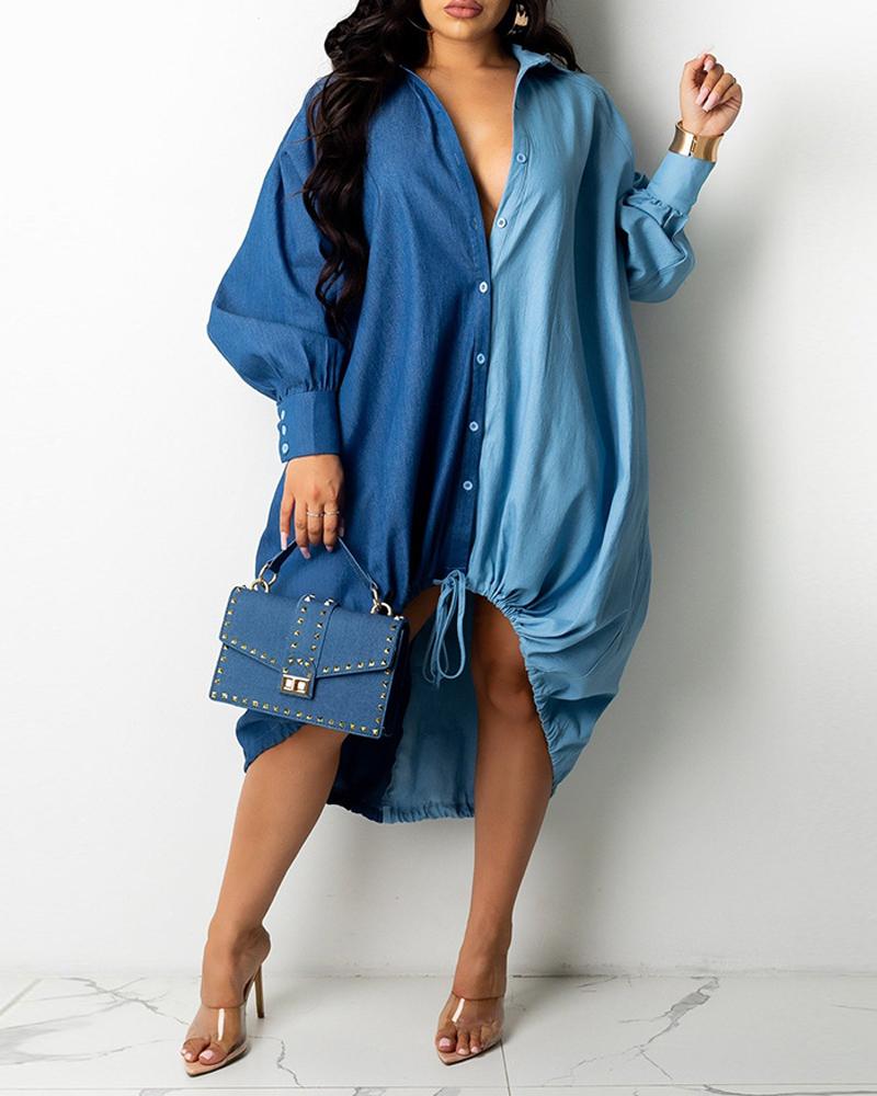 

Colorblock Long Sleeve Button Down Shirt Dress, Blue