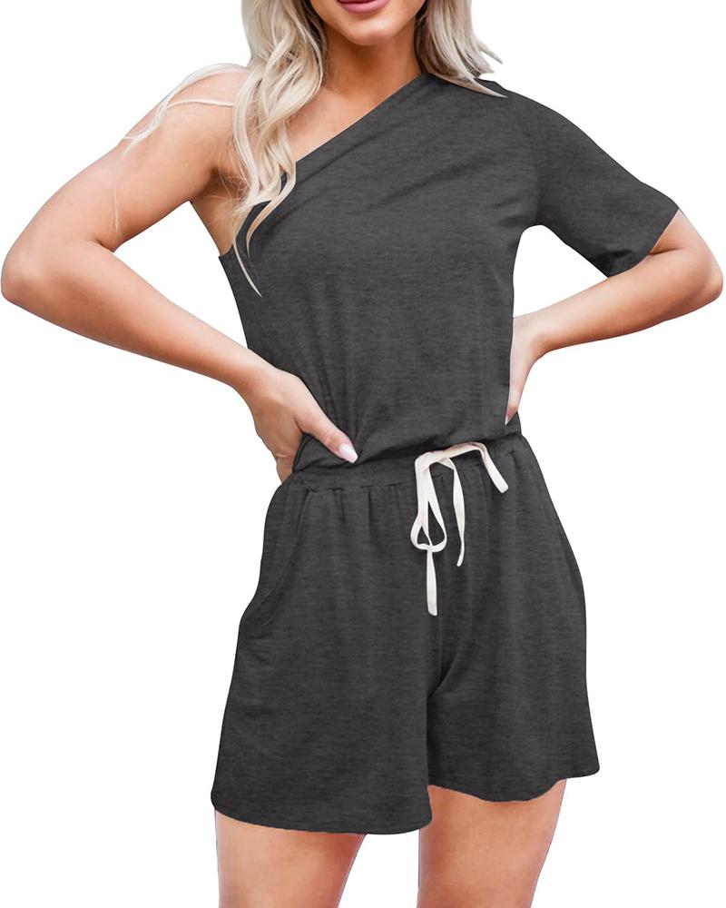 

One Shoulder Drawstring Pocket Design Rompers, Dark grey