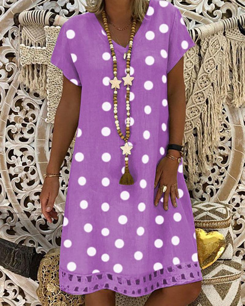 

Polka Dot Print V-Neck Casual Dress, Purple