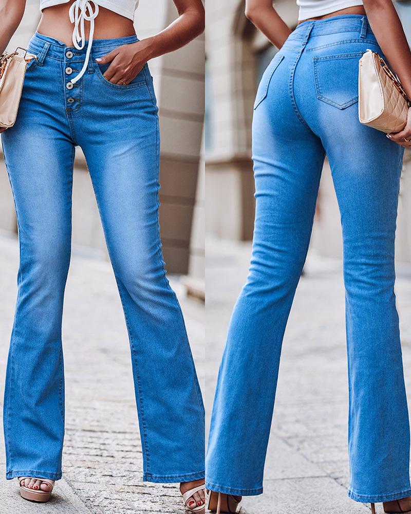 

Button Fly Flared Leg Jeans, Blue
