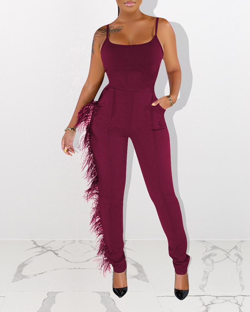 

Feather Detail Spaghetti Strap Plain Jumpsuit, Wine red
