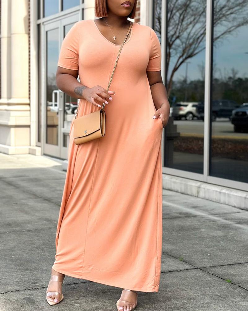 

V-Neck Short Sleeve Maxi Dress, Orange