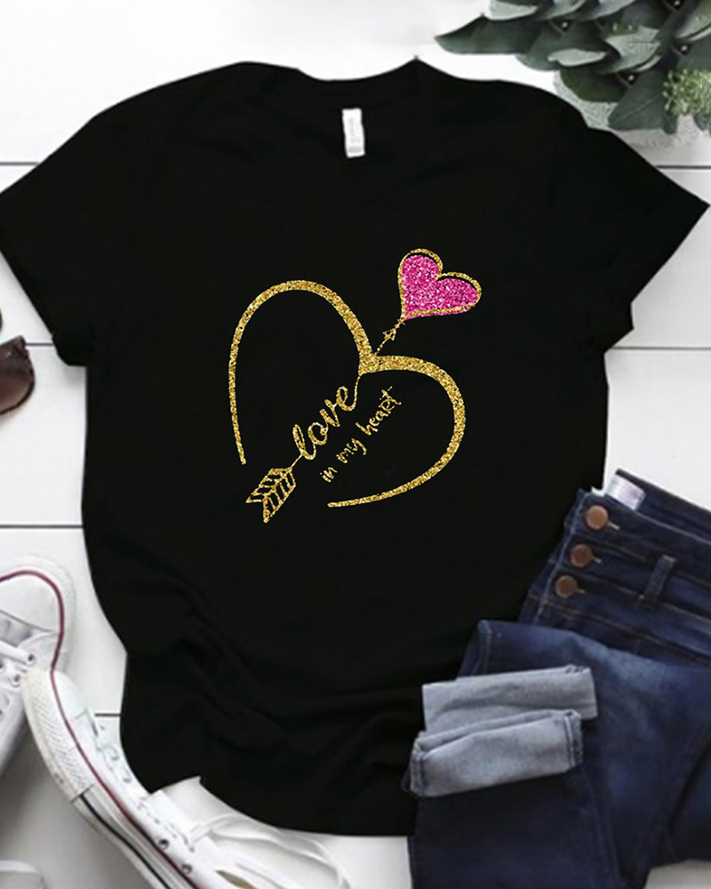 

Valentine's Day O-Neck Letter Heart Print Top, Black