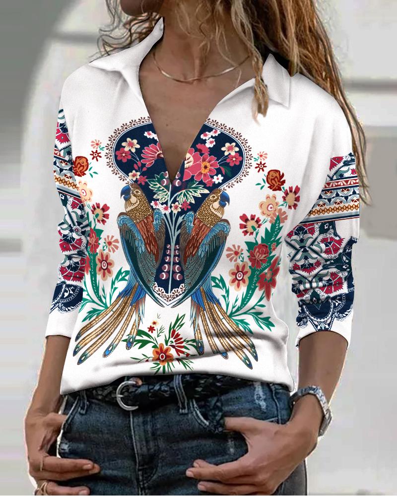

Floral Bird Print Long Sleeve Top, White