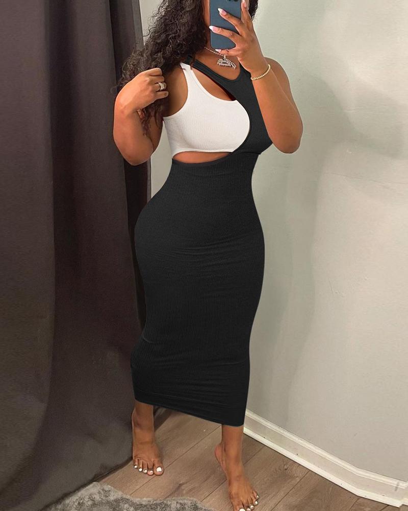 

Colorblock Asymmetrical Neck Cutout Bodycon Dress, Black