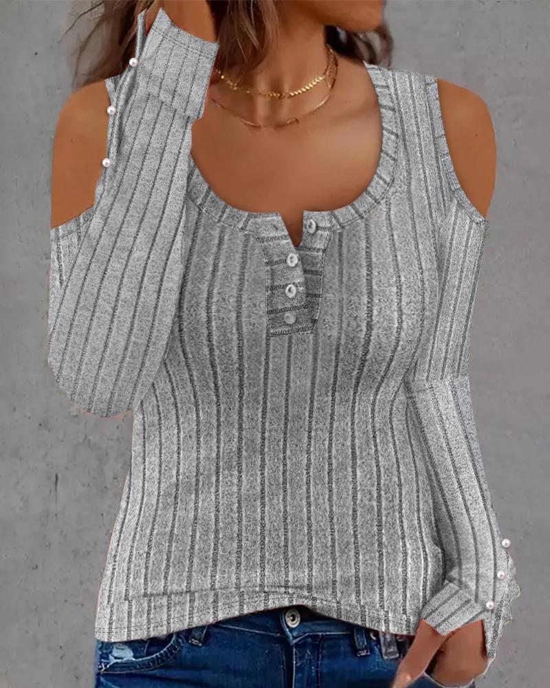 

Cold Shoulder Beaded Buttoned Ribbed Top, Gray