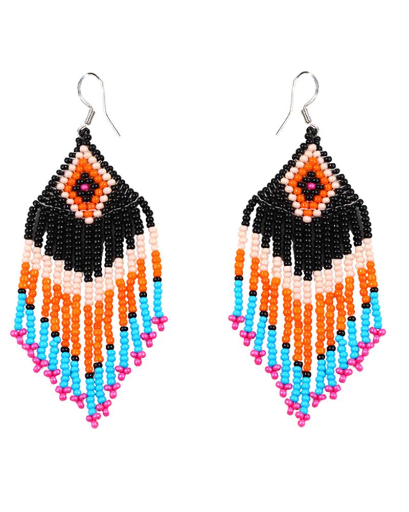 

1Pair Clan Colorful Beaded Geometric Pattern Hoop Earrings, Style2