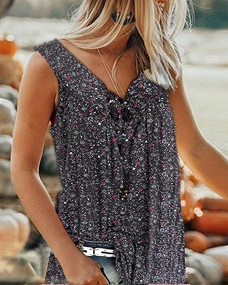 

Floral Print Sleeveless Tank, Black