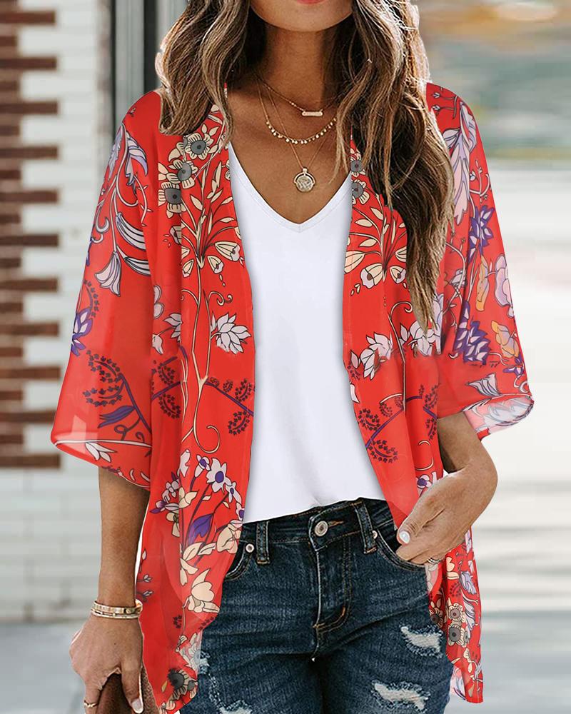 

Plants Print Open Front Blouse, Red