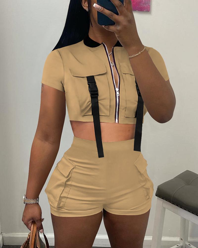 

Buckled Pocket Design Baseball Collar Top & Shorts Set, Khaki