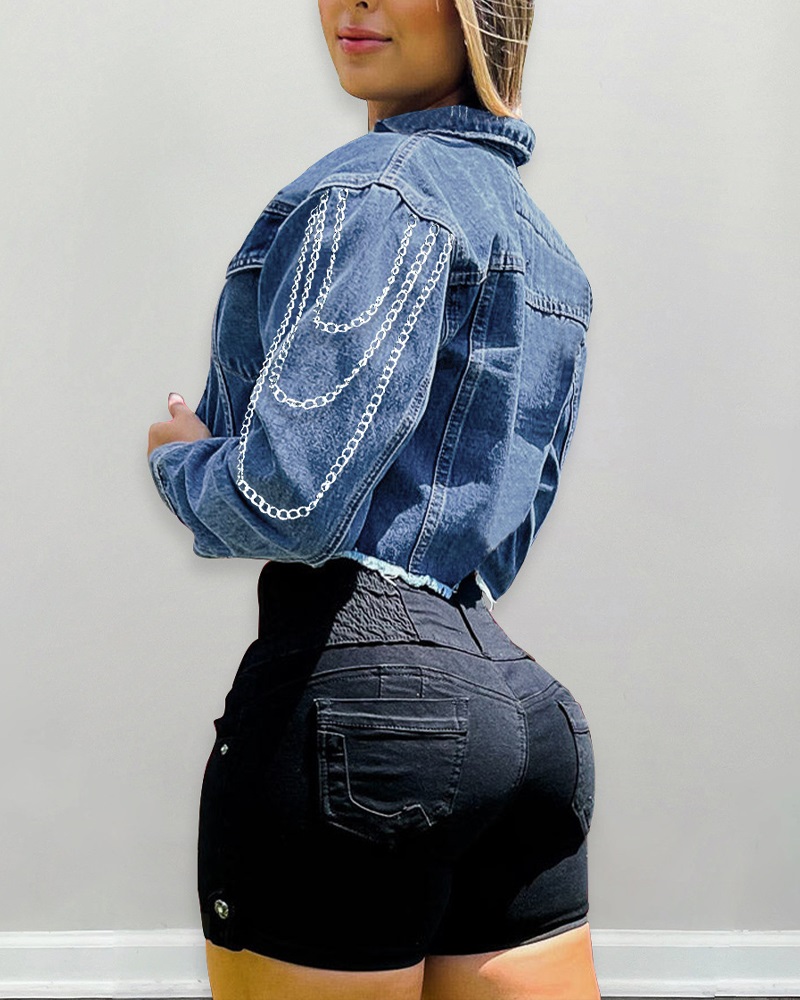 

Chain Decor Raw Hem Crop Denim Coat, Blue