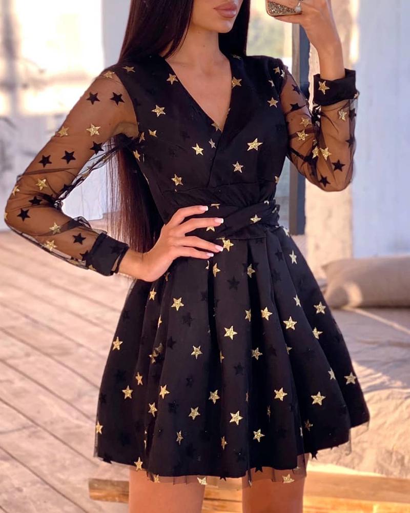 

Star Print Sheer Mesh Long Sleeve Dress, Black