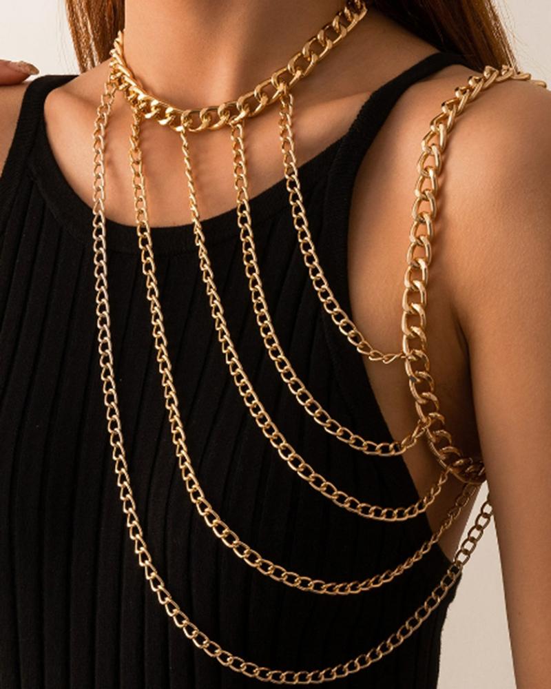 

1pc Halter Layered Tassel One Shoulder Body Chain, Gold