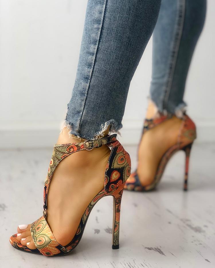 

Peacock Feather Print T-Strap Thin Heeled Sandals, Orange