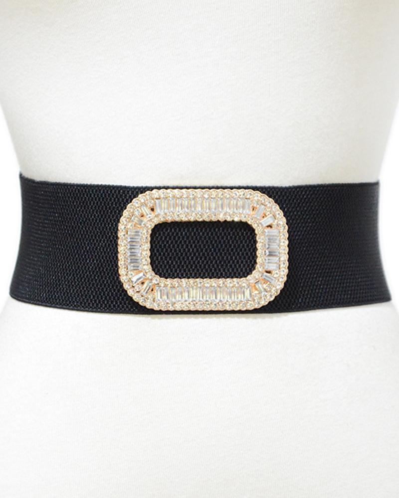 

Square Buckle Rhinestone Decor Elastic Waist Belt, Black