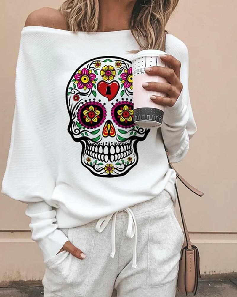 

Halloween Skull Print Long Sleeve Casual Sweatshirt, White