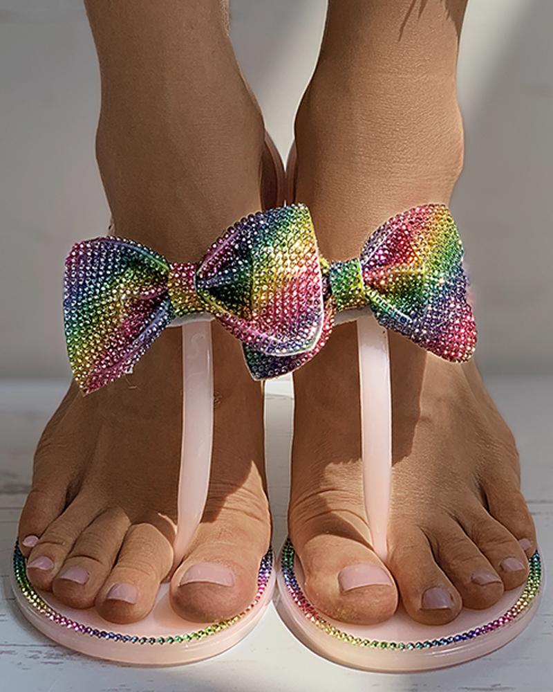 

Bowknot Colorblock Rhinestone Flat Sandals, Pink