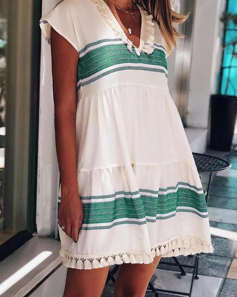 

Striped V-Neck Cap Sleeve Fringe Mini Dress, Green