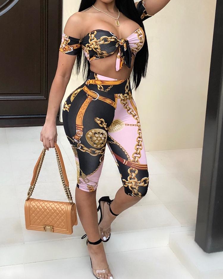 

Chains Print Tie Tube Cropped Top&Shorts Set, Black