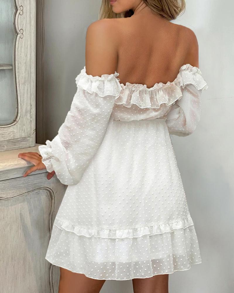 

Off Shoulder Swiss Dot Lantern Sleeve Casual Dress, White