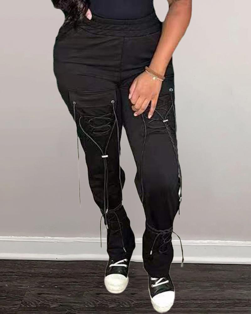 

Lace-up Design Casual Cargo Pants, Black