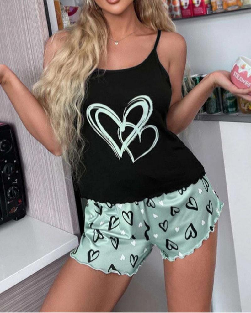 

Heart Print Scoop Neck Cami Set, Green