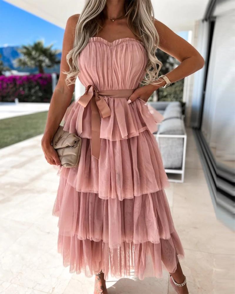 

Layered Sheer Mesh Bandeau Party Dress, Pink