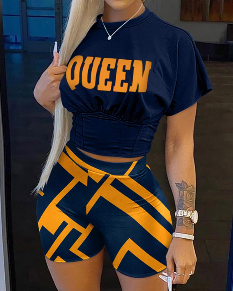

Queen Letter Geometric Print Corset T-shirt & Shorts Set, Dark blue