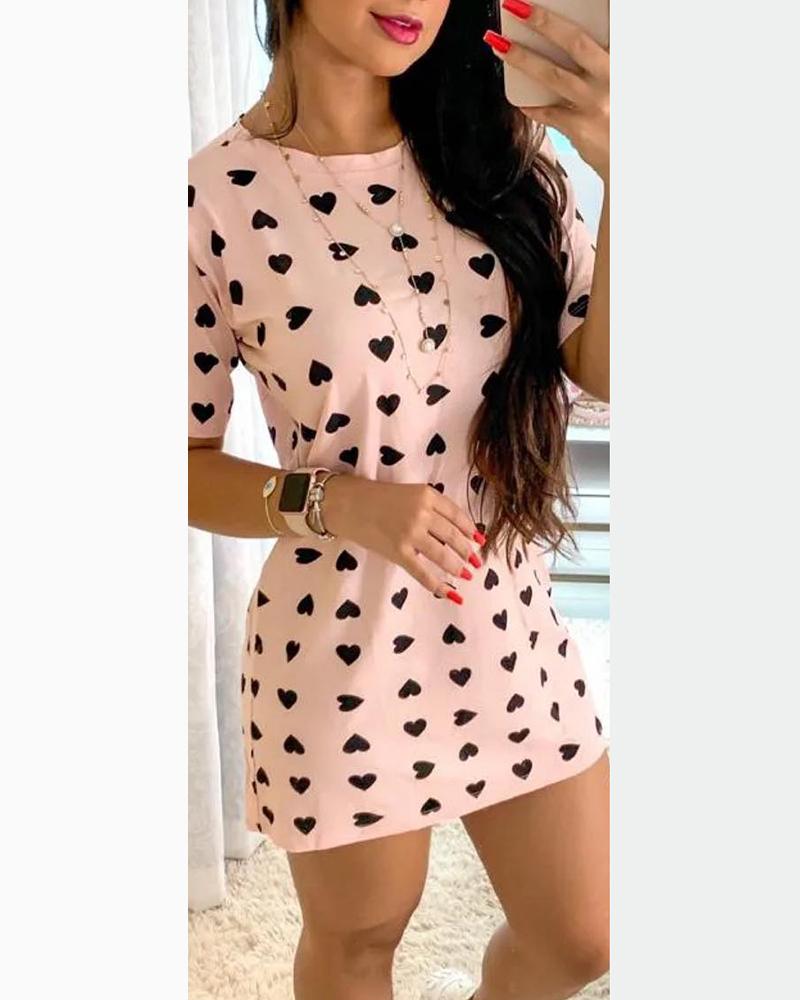 

Heart Print O-Neck Mini Dress, Pink