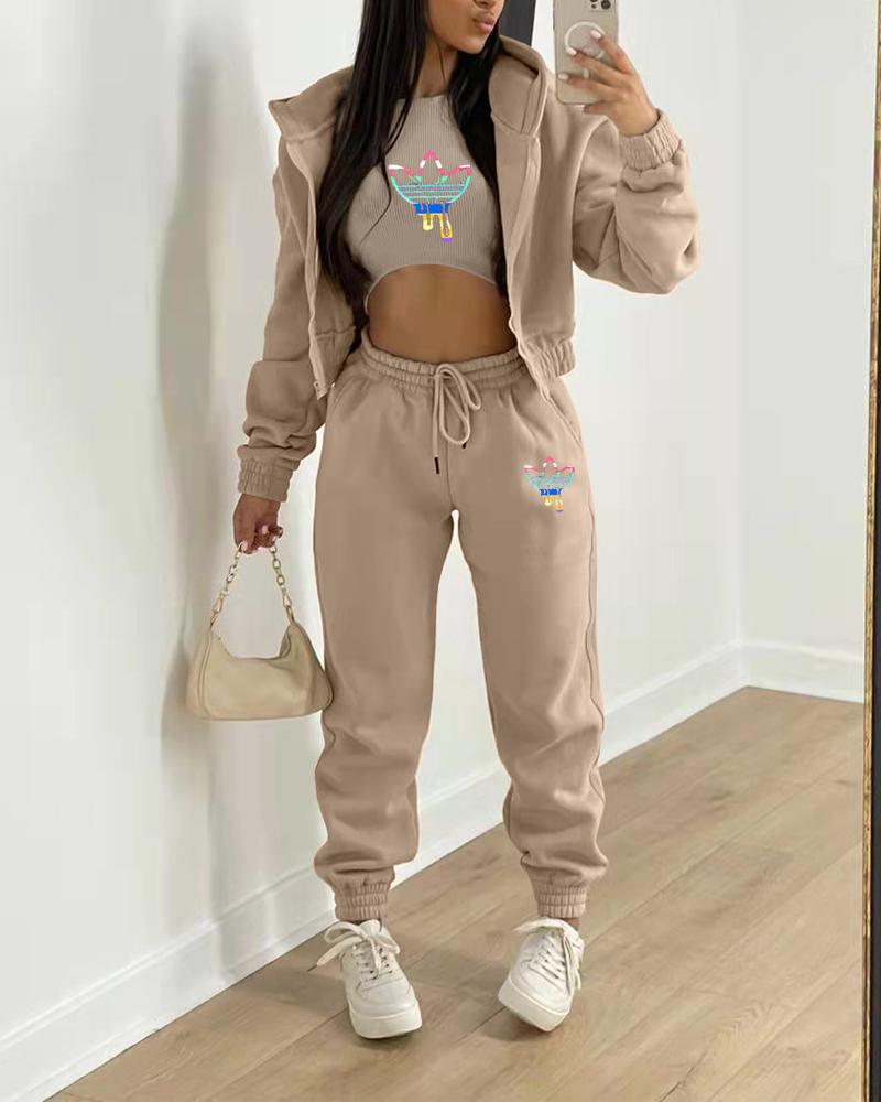 

3PCS Graphic Print Crop Tank Top & Pants Set With Coat, Khaki