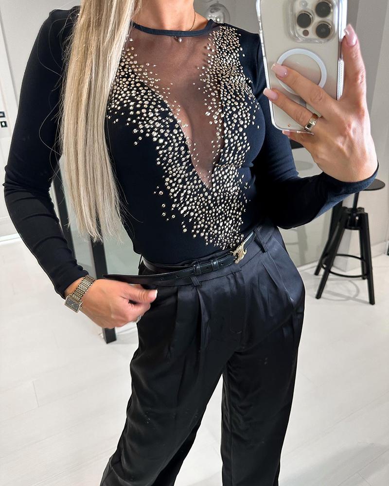 

Rhinestone Sheer Mesh Long Sleeve Top, Black