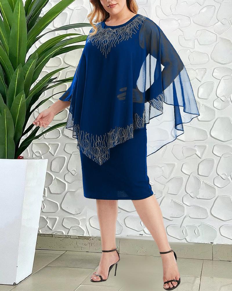 

Plus Size Rhinestone Sheer Mesh Cloak Design Midi Dress, Blue