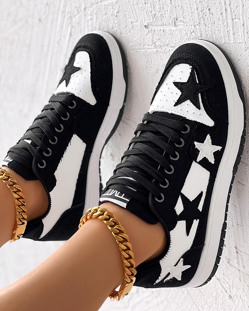 

Colorblock Star Pattern Lace-up Sneakers, Blackwhite