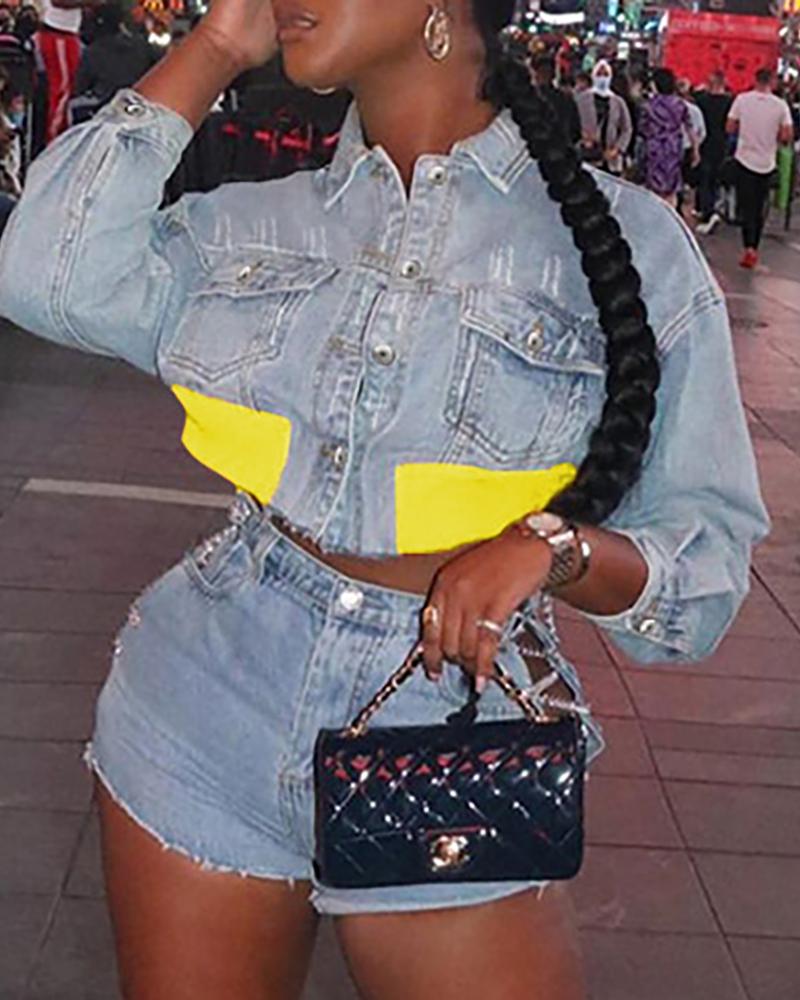 

Colorblock Pocket Design Crop Denim Coat, Yellow