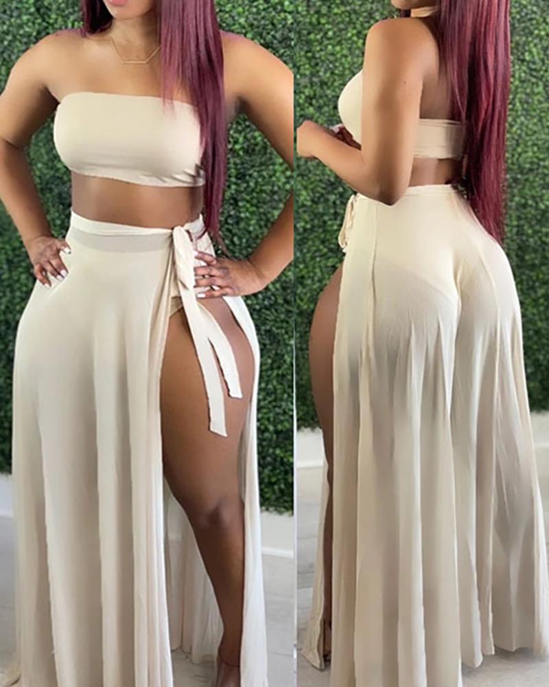 

Bnadeau High Waist Bikini Set With Slit Cover Up Skirt Set, Apricot