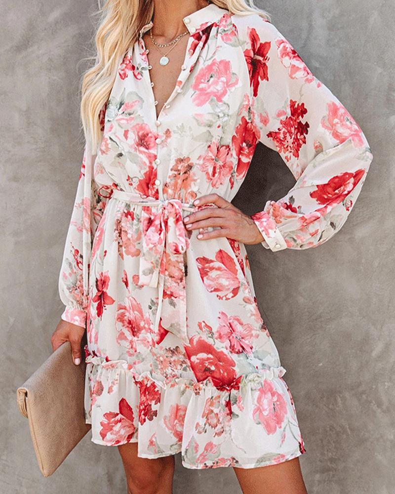 

Floral Print Ruffle Hem Button Front Belted Dress, Red