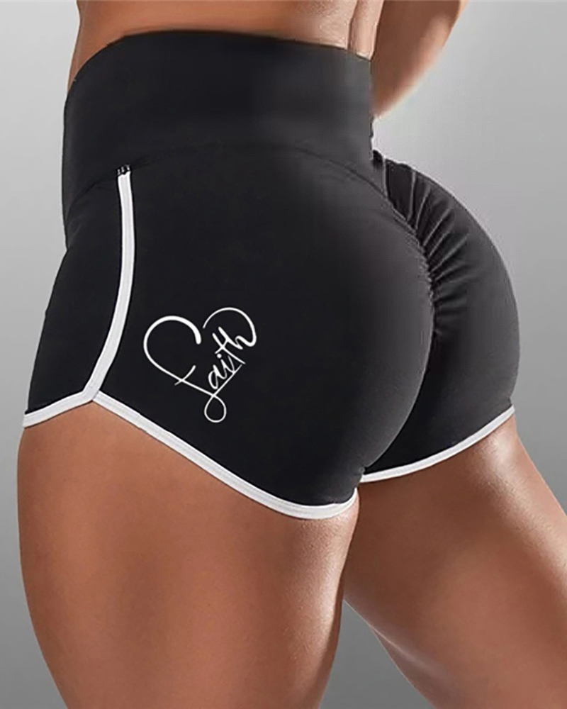 

Letter Heart Print Elasticated Seamless Leggings Scrunch Push Up Yoga Shorts, Black