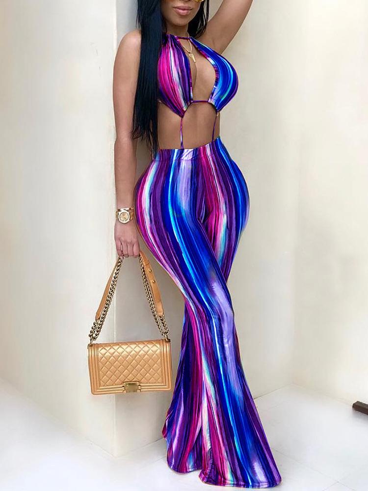 

Sexy Colorful Striped Halter Backless Jumpsuit, Blue
