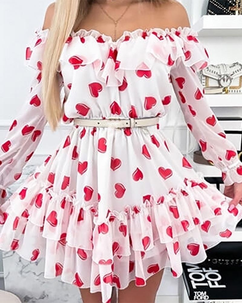 

Floral / Heart Print Off Shoulder Layered Ruffles Dress, Style2