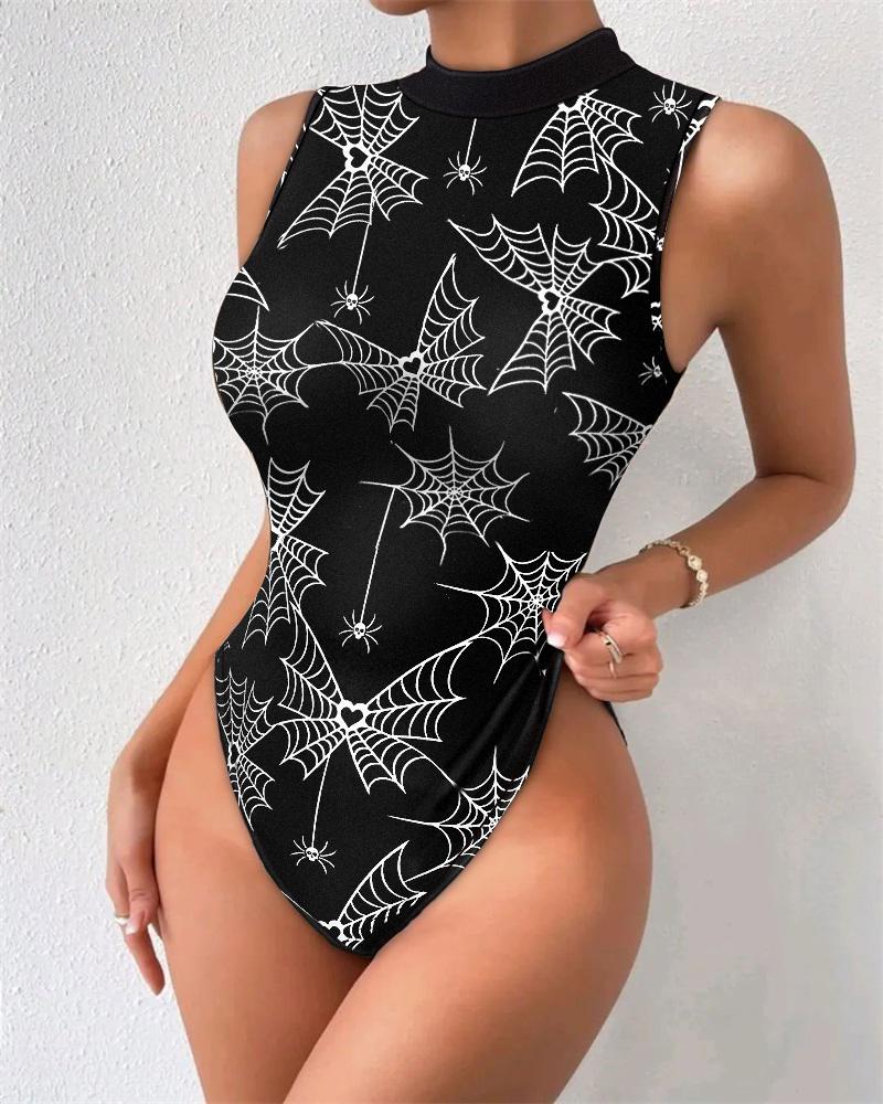 

Halloween Graphic Print Sleeveless Skinny Bodysuit, Black